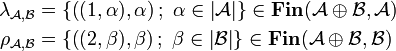 
\begin{align}
\lambda_{{\mathcal A},{\mathcal B}}&=\left\{\left((1,\alpha),\alpha\right);\ \alpha\in\web{\mathcal A}\right\}
\in\mathbf{Fin}({\mathcal A}\oplus{\mathcal B},{\mathcal A}) \\
\rho_{{\mathcal A},{\mathcal B}}&=\left\{\left((2,\beta),\beta\right);\ \beta\in\web{\mathcal B}\right\}
\in\mathbf{Fin}({\mathcal A}\oplus{\mathcal B},{\mathcal B}) 
\end{align}
