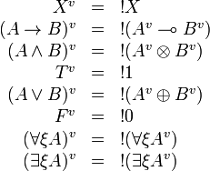 
\begin{array}{rcl}
X^v & = & \oc{X} \\
(A\imp B)^v & = & \oc{(A^v\limp B^v)} \\
(A\wedge B)^v & = & \oc{(A^v \tens B^v)} \\
T^v & = & \oc{\one} \\
(A\vee B)^v & = & \oc{(A^v\plus B^v)} \\
F^v & = & \oc{\zero} \\
(\forall\xi A)^v & = & \oc{(\forall\xi A^v)} \\
(\exists\xi A)^v & = & \oc{(\exists\xi A^v)}
\end{array}
