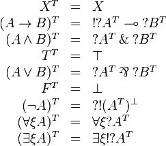 
\begin{array}{rcl}
X^T & = & X \\
(A\imp B)^T & = & \oc{\wn{A^T}}\limp\wn{B^T} \\
(A\wedge B)^T & = & \wn{A^T} \with \wn{B^T} \\
T^T & = & \top \\
(A\vee B)^T & = & \wn{A^T}\parr\wn{B^T} \\
F^T & = & \bot \\
(\neg A)^T & = & \wn{\oc{(A^T)\orth}} \\
(\forall\xi A)^T & = & \forall\xi \wn{A^T} \\
(\exists\xi A)^T & = & \exists\xi \oc{\wn{A^T}}
\end{array}
