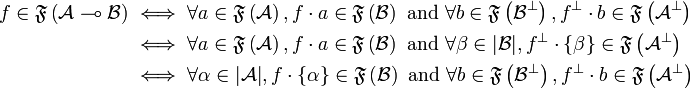 
\begin{align}
		f\in \mathfrak F\left({\mathcal A}\limp{\mathcal B}\right) &\iff \forall a\in \mathfrak F\left({\mathcal A}\right), f\cdot a \in\mathfrak F\left({\mathcal B}\right) \text{ and } \forall b\in \mathfrak F\left({\mathcal B}\orth\right), f\orth\cdot b \in\mathfrak F\left({\mathcal A}\orth\right)
		\\
		&\iff \forall a\in \mathfrak F\left({\mathcal A}\right), f\cdot a \in\mathfrak F\left({\mathcal B}\right) \text{ and } \forall \beta\in \web{{\mathcal B}}, f\orth\cdot \left\{\beta\right\} \in\mathfrak F\left({\mathcal A}\orth\right)
		\\
		&\iff \forall \alpha\in \web{{\mathcal A}}, f\cdot \left\{\alpha\right\} \in\mathfrak F\left({\mathcal B}\right) \text{ and } \forall b\in \mathfrak F\left({\mathcal B}\orth\right), f\orth\cdot b \in\mathfrak F\left({\mathcal A}\orth\right)
\end{align}
