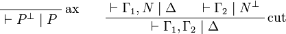 
\LabelRule{\rulename{ax}}
\NulRule{\vdash P\orth \mid P}
\DisplayProof
\qquad
\AxRule{\vdash \Gamma_1, N \mid \Delta}
\AxRule{\vdash \Gamma_2 \mid N\orth}
\LabelRule{\rulename{cut}}
\BinRule{\vdash\Gamma_1, \Gamma_2 \mid \Delta}
\DisplayProof
