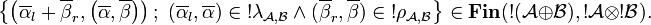 \left\{ \left(\overline\alpha_l+\overline\beta_r,\left(\overline\alpha,\overline\beta\right)\right);\ (\overline\alpha_l,\overline\alpha)\in\oc\lambda_{{\mathcal A},{\mathcal B}}\wedge(\overline\beta_r,\overline\beta)\in\oc\rho_{{\mathcal A},{\mathcal B}}\right\} \in\mathbf{Fin}(\oc({\mathcal A}\oplus{\mathcal B}),\oc{\mathcal A}\tens\oc{\mathcal B}).